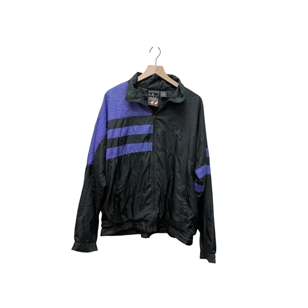 Vintage USA Olympic Track Jacket Black Purple‎ Stripes Mens XL